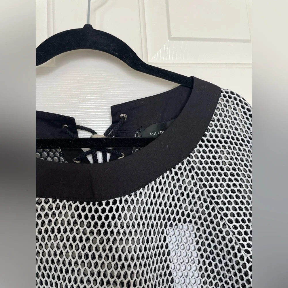 Hilton Hollis black and white mesh string tie swim vacation top shirt | XL - Picture 5 of 12